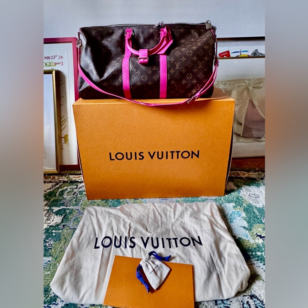 Louis Vuitton Brown Monogram Bag with Pink Accents Keepall Bandoulière 50